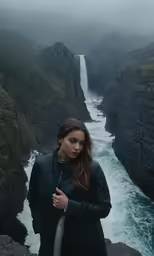 a woman standing on a rock near the ocean with a waterfall in the background