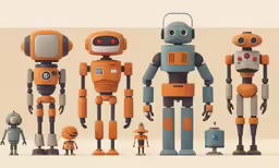 a set of five toy robot figures standing around in different stages