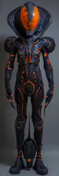 a robot creature is in the pose with orange orb,an armory man that is standing up against a gray background
