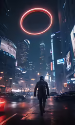 a man walks in a futuristic city with a flying disk