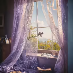 a window with curtains and pink flowers next to it