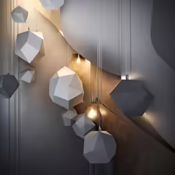 many gray lamps hanging from the ceiling in an empty room