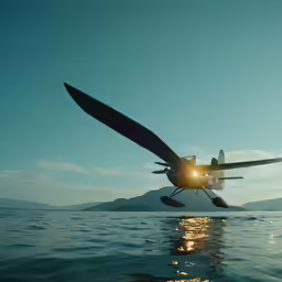 an airplane is flying above the water with the sun reflecting off it