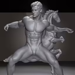 a naked man standing next to two horses