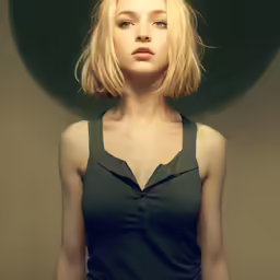 a beautiful blonde woman wearing black in front of a green background
