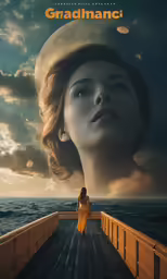 a woman on a pier with clouds in the background