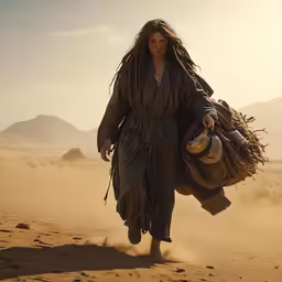 woman in brown walking across desert area with sun low overhead