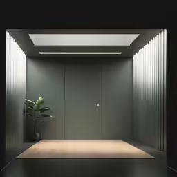 an empty room with black walls and a plant