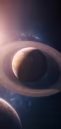 two giant, multi - layered planets are seen in space
