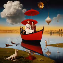 a photo with two people and their dogs in a boat,two men sitting on top of a boat with people in it