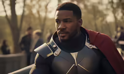 a man in armor stands outside near a crowd