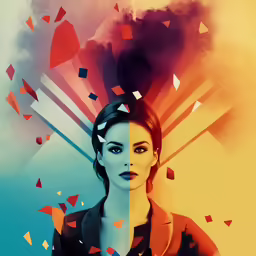 the poster depicts an artistic illustration of a woman with a black top and blue eyes