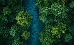 an aerial photo of a river surrounded by trees