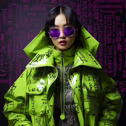 a woman wearing neon green clothes and purple sunglasses,a woman with dark hair wearing bright green jacket and purple glasses