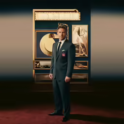 the man is wearing a suit and tie, standing in front of a set of portraits