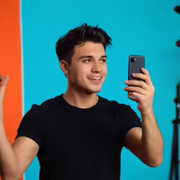 man in black t - shirt taking selfie with his cell phone