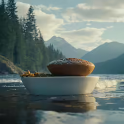 there is a large pastry in the bowl on the shore