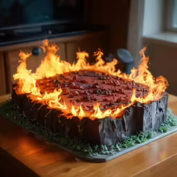 there is a large cake with fire on it