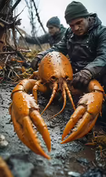 two men are preparing to eat a crab together