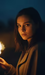 a girl holding a lit candle outside at night