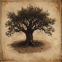 an old tree with twisted branches is standing in the middle of dirt
