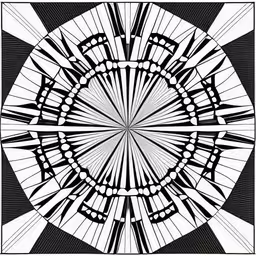 a black and white circular shaped pattern with various lines,a circular black and white drawing with lines coming out