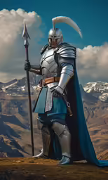 the knight stands in a mountain scene