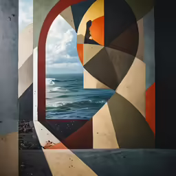 a window with water below that shows a person sitting on the beach