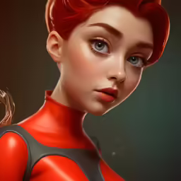 a woman with red hair, a ponytail and blue eyes