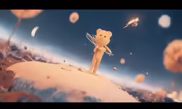 a teddy bear is standing in the air on a snowy hillside