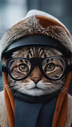 cat wearing coat and glasses looks at camera