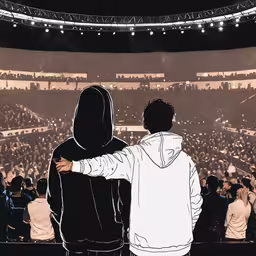 two people standing in front of a crowd at a concert,an image of people in the audience of a concert