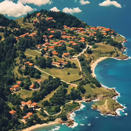 an island surrounded by trees and houses by the ocean