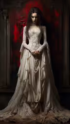 a woman is dressed in white and standing by some red paint,a woman with long hair dressed in an off - white dress stands next to red paint