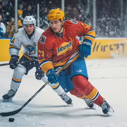 a group of men playing hockey on top of a snow covered rink