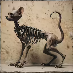 a cat sitting next to a skeleton on the ground