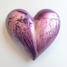 a purple heart shaped vase placed on a white table