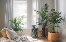 three potted plants sitting on the corner of a room