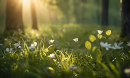 some white flowers in the green grass next to a tree