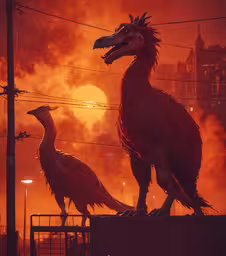 two large birds sitting on top of a fence,two large birds stand on a rooftop at sunset