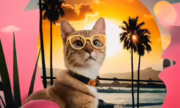 a cat with goggles on wearing a collar and sitting next to a poster of a sunset