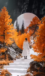 a woman wearing a white coat is walking on a snowy path with yellow trees
