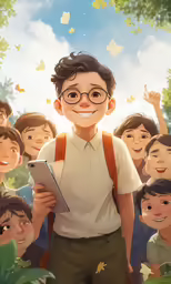 a young man in a classroom with lots of smiling children