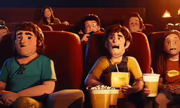 cartoon people sitting in front of red chairs watching movie,a scene of people in the audience watching movies