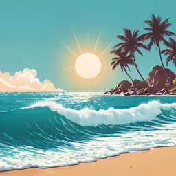 an image of a painting with sun over a beach