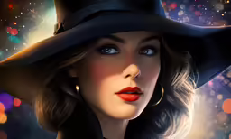 a female in a black hat with bright red lips