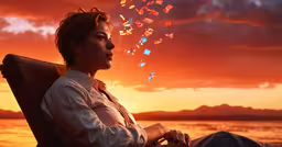 the woman is sitting by the lake with many kites above her,woman sitting in chair with colorful butterflies coming out