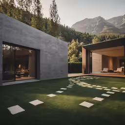 a grass area with a grassy lawn and chairs outside of it