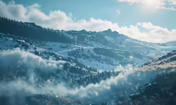a mountain with snow and trees covered in low hanging clouds