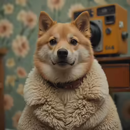 a dog that is wearing a coat looking at the camera